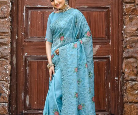 Women's Elegant Sage Green Georgette Saree with Delicate Floral Embroidery & Sequin Work – Perfect for Summer Festivities & Day Events