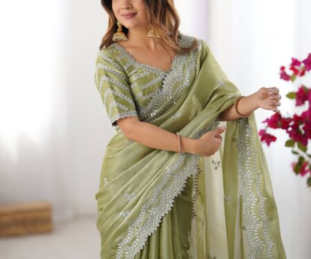 Women's Elegant Regal Purple Georgette Saree with Intricate Silver Thread & Sequin Embroidery – Complete with Embellished Blouse Piece for Festive & Party Wear