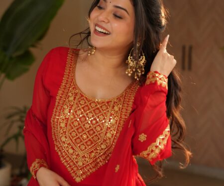 Women's Radiant Red Anarkali Suit Set with Golden Zari & Sequin Embroidery – Perfect for Festive & Wedding Occasions