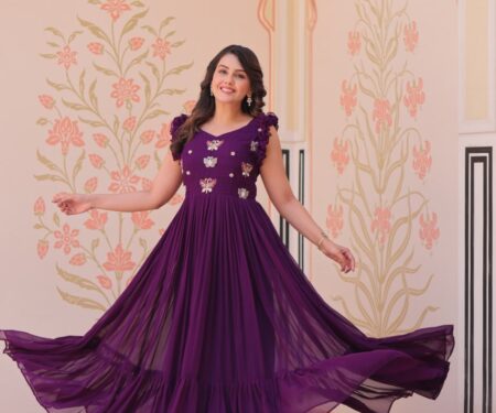 Women's Elegant Plum Purple Georgette Anarkali Gown with Butterfly Applique & Ruffle Sleeves – Festive & Special Occasion Wear