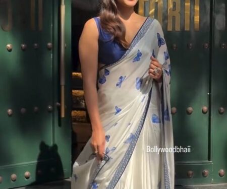 Women's Chic Snow White Georgette Saree with Vibrant Blue Butterfly Digital Print & Contrasting Border – Perfect for Casual Outings & Day Events