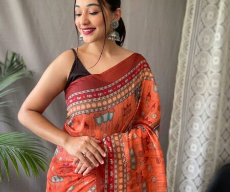 Women's Artistic Terracotta Orange Linen Saree with Kalamkari Inspired Print & Tassel Detailing – Perfect for Casual Festivities & Cultural Events