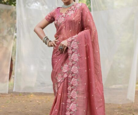 Women's Pristine White Organza Saree with Exquisite Pink & Green Floral Thread Embroidery – Complete with Matching Embroidered Blouse for Festive & Summer Wear