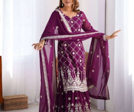 Women's Georgette Embroidery Work Straight Kurta With Sharara Suit and Dupatta Set