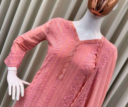 Women's Chinon Silk with Cotton Thread Embroidery Straight Kurti With Pant and Dupatta set