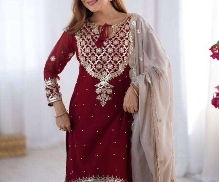 Women's Faux Georgette Sequins Embroidered Straight Kurta With Sharara Suit and Dupatta Set