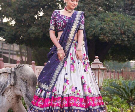 Women's Patola Print Tussar Silk Lehenga Choli Dupatta Set