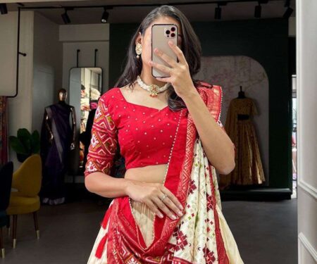 Women's Tussar Silk Patola Print Lehenga Choli Dupatta Set