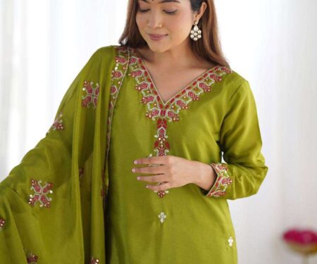 Women's Chinnon Silk Embroidery Sequence Work and Lace Work Straight Kurti With Pant and Dupatta