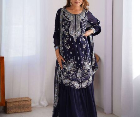 Women's Faux Georgette Sequins & Thread Work Straight Kurta With Sharara Suit and Dupatta Set