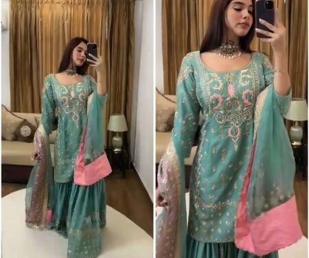 Women's Chinon Silk Heavy Embroidery Straight Kurta With Sharara and Dupatta set