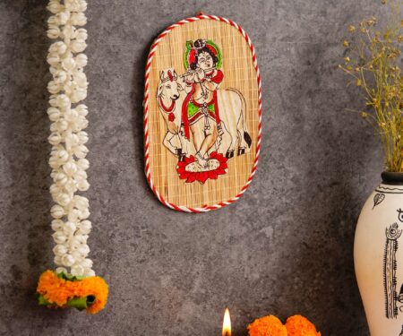 Oval Shaped Design Bamboo Hand Crafted Wall Hangings Of Bal Gopal With Holy Cow For Home Decor | Bamboo Art For Wall Decor