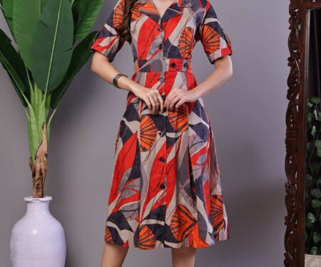 Women's Leaf Print Button-Down Cotton Midi Dress