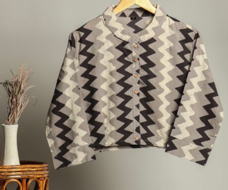 Handmade Cotton Shirt for Women ? Black & Grey Zigzag Print Button-Down Top with Full Sleeves