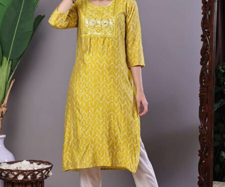 Women's Mustard Yellow Chevron Print Chanderi Kurta Set with Mirror Work Suit Sets