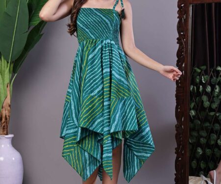 Women's Leheriya Asymmetrical Hem Smocked A-Line Dress Midi Dresses