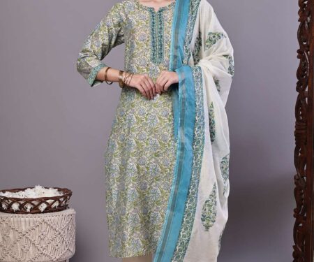 Women's Green & Blue Floral Chanderi Printed Kurta Set with Dupatta Suit Sets
