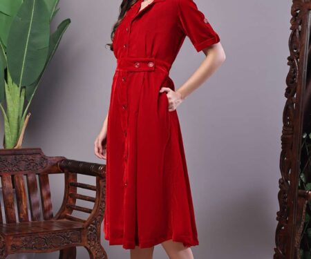 Women's Red Velvet Solid Printed Shirt Midi Dress with Belt