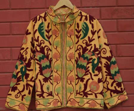 Womens Yellow Velvet Embroidered Jacket with Floral Design