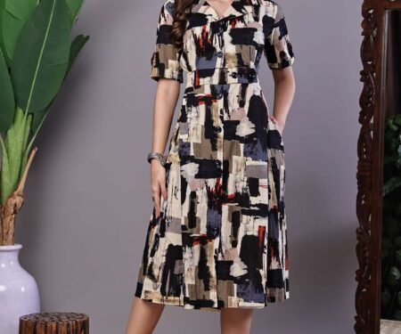 Women's Beige & Black Abstract Print Cotton Shirt Dress Midi Dresses