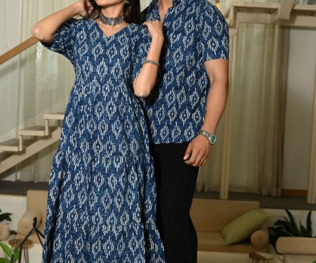 Couple Matching Blue Ikat Print Cotton Anarkali Midi Dress and Shirt Set