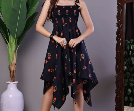 Women's Black Floral Printed Cotton Handkerchief Hem Dress Midi Dresses