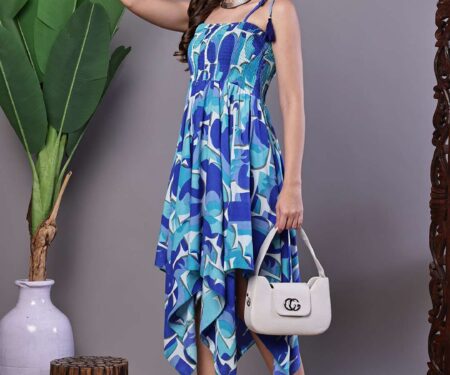 Women's Blue Printed Cotton Handkerchief Hem Dress Midi Dresses