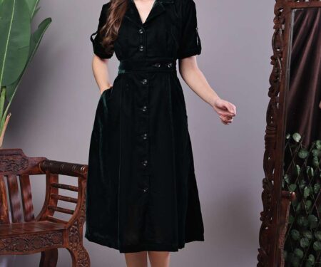 Women's Black Velvet Solid Printed Shirt Midi Dress with Belt
