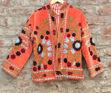 Womens Orange Velvet Embroidered Jacket with Floral Design