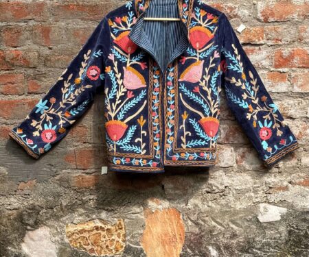 Womens Navy Blue Velvet Embroidered Jacket with Floral Design