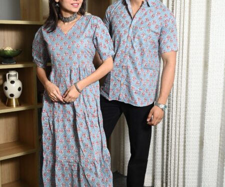 Couple Matching Sky Blue Cotton Anarkali Midi Dress and Shirt Set ? Pink Floral Print
