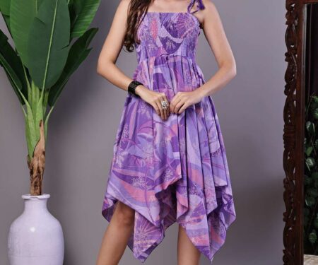Women's Purple Printed Cotton Handkerchief Hem Midi Dress