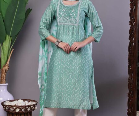 Women's Mint Green Chanderi Embroidered Kurta Set with Dupatta Suit Sets