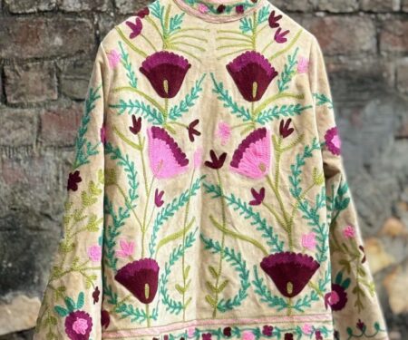Womens Light Beige Velvet Embroidered Jacket with Floral Design