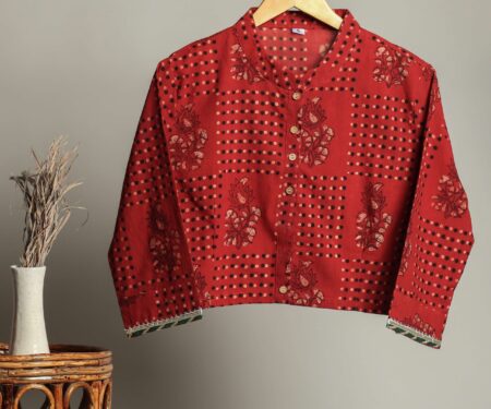 Hand Block Print Cotton Shirt for Women ? Red Floral Printed Button-Down Top with Full Sleeves
