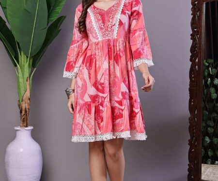 Wome's Pink Floral Printed Cotton A-Line Dress with Embroidered Yoke Midi Dresses
