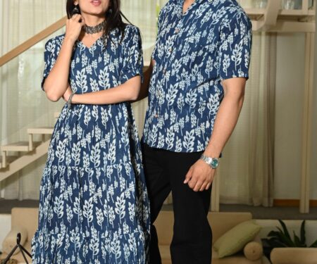 Couple Matching Blue Leaf Print Cotton Anarkali Midi Dress and Shirt Set