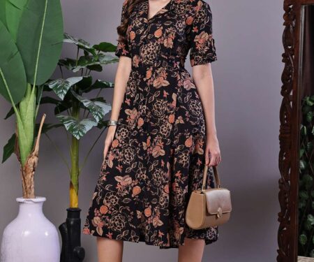Women's Chic Black & Rust Floral Print Button-Front Midi Dress