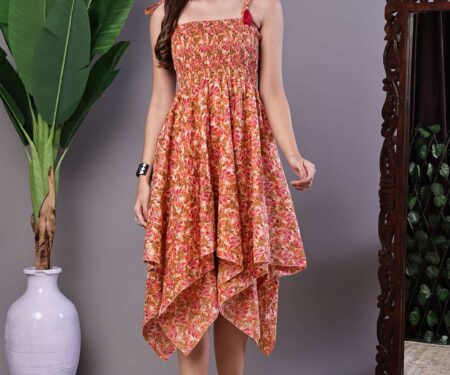 Women's MultiColor Floral Printed Cotton Handkerchief Hem Dress Midi Dresses