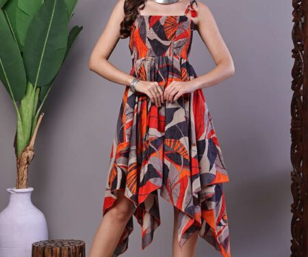 Women's Rust & Grey Abstract Print Cotton Handkerchief Hem Dress Midi Dresses